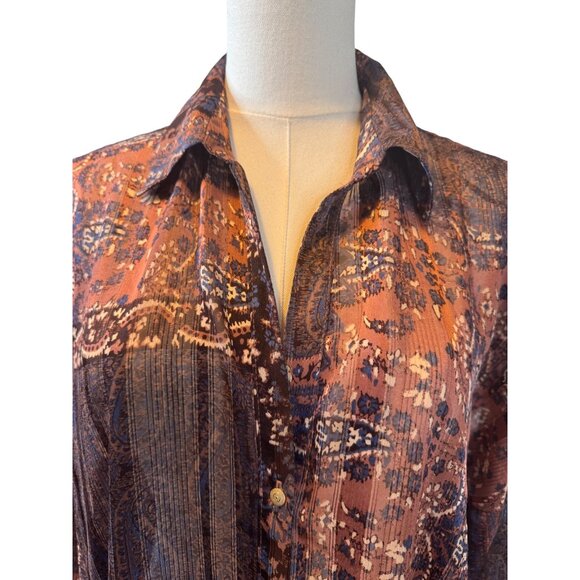 ZARA M Bohemian Brown Rust Blue Print Dolman Sleeve Button-Down Blouse - Picture 3 of 16